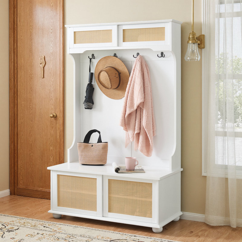Contemporary White Rattan Hall Tree Bench with Shoe Storage & Hooks, Entryway Organizer with Shelves, White
