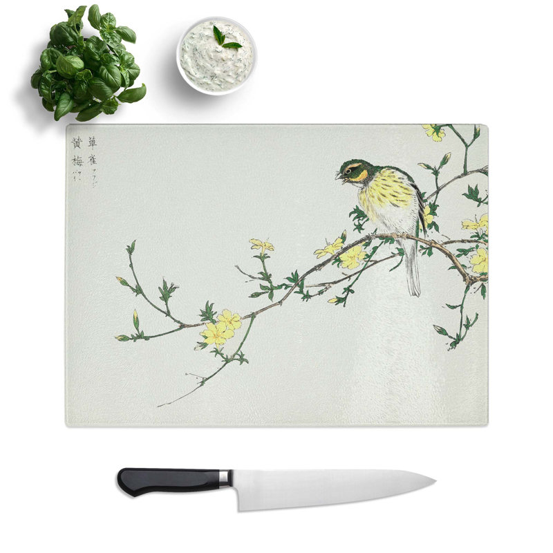 Tempered Glass Bunting Bird on a Tree Chopping Board, 28.5 cm W x 20 cm L