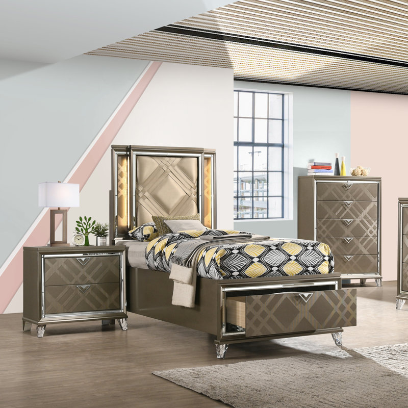Lit simple avec rangement beige et champagne foncé