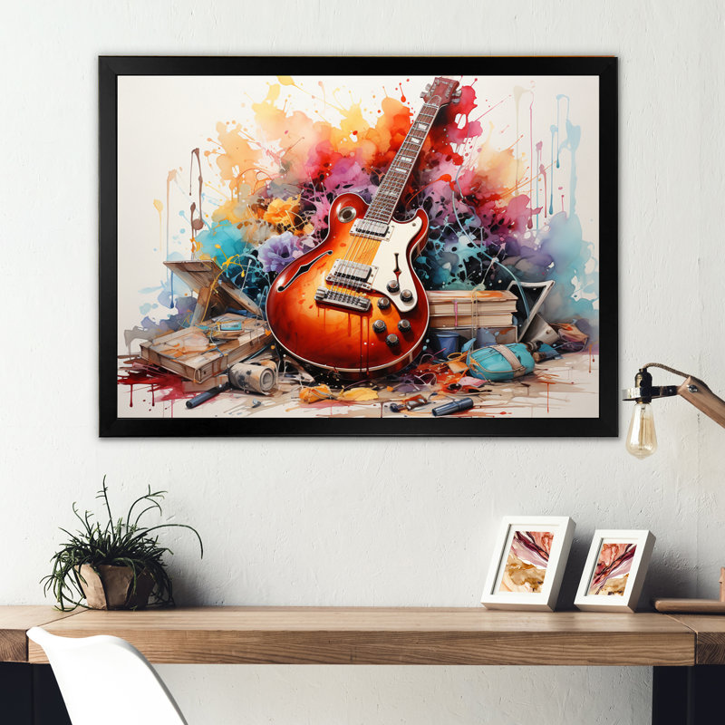 «Dry Watercolor Fire Guitare III», reproduction, H 34 po x l 44 po x P 1,5 po, Cadre photo noir