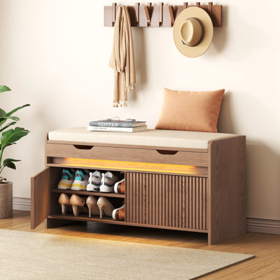 39.4In Fluted Flip top Shoe Bench with Cushioned Seat and LED Light