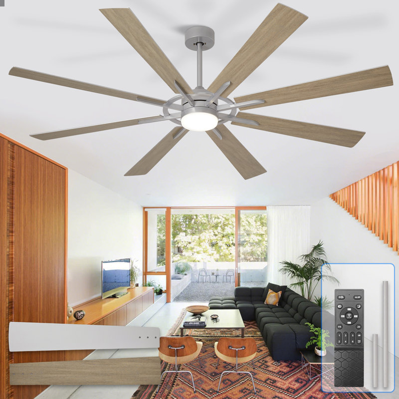 Ventilateur de plafond de 183 cm (72 pouces) avec éclairage, style moderne, 8 pales, finition argent et bois, pour intérieur et extérieur, avec télécommande, éclairage à intensité variable, moteur CC silencieux et réversible, minuterie à 6 vitesses.