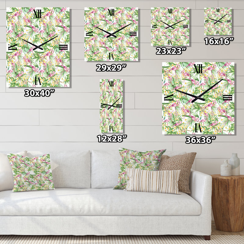 Horloge murale fleurs tropicales avec flamant II, Grand