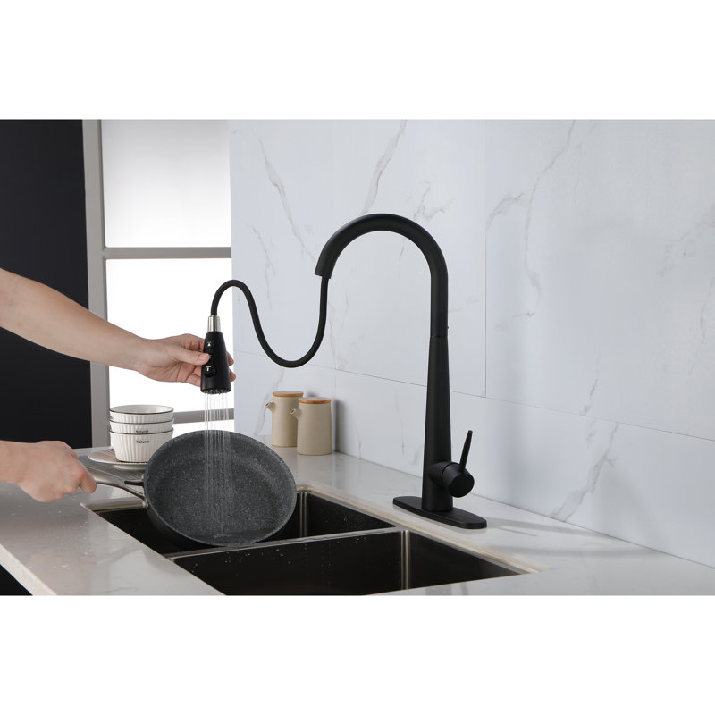 Black Pull Down Kitchen Faucets, Matte Finish, Single Handle, Deck Mounted, Easy To Control Water Temperature Modern Sink Faucet With , , Installation