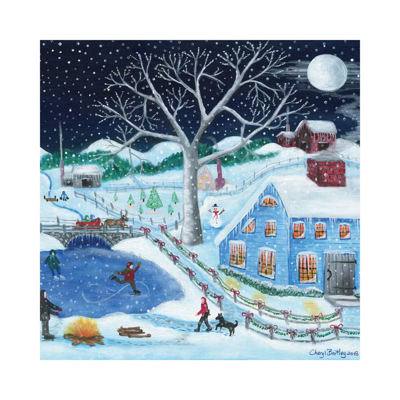 Impression d’art graphique, "Ice skating’par Old Farm par Cheryl Bartley, H 37 po x l 37 po x P 1,5 po, Toile tendue