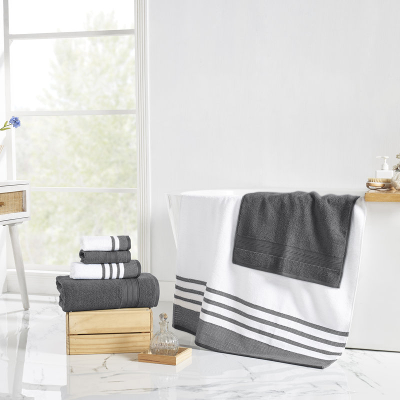 Ensemble 6 pièces de fils Modern, 2 serviettes de bain, 2 serviettes à main, 2 débarbouillettes, blanc à séchage rapide / contraste Reinhart