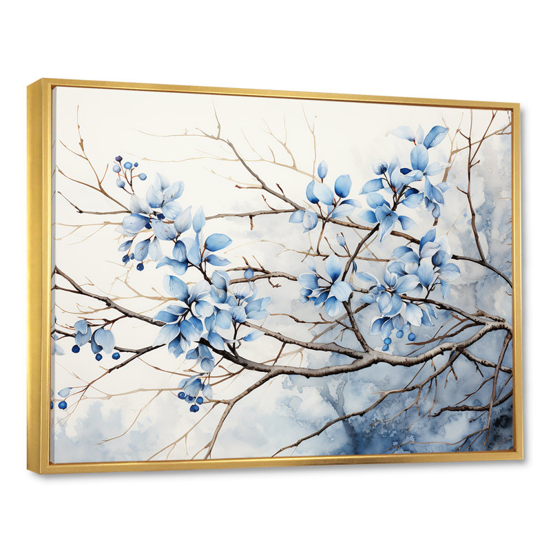 Art sur toile, feuilles bleues et grises, Cadre flottant doré, H 16 po x l 32 po x P 1 po