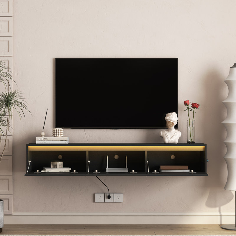 Meuble télé suspendu ultrabrillant. Tablette murale avec lumières DEL et prise de courant, Noir