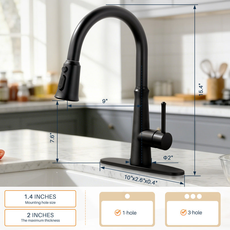 Stainless Steel Single-Handle Pull Down Kitchen Faucet with 3 Modes Sprayer, Black
