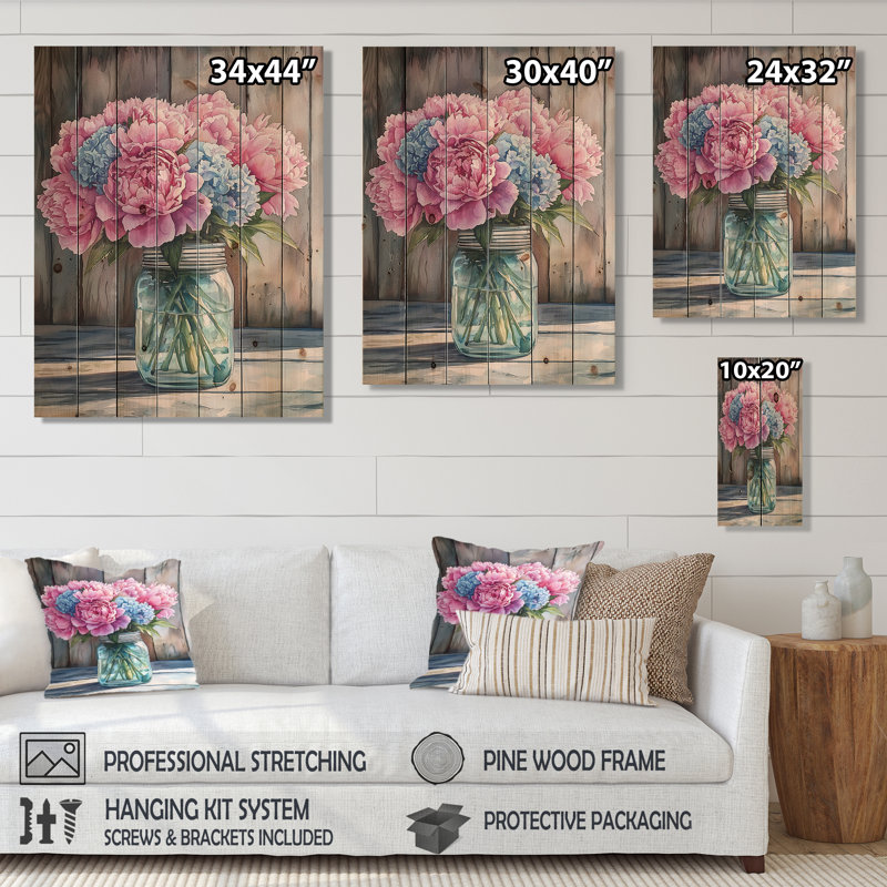 Pastel Peony Bouquet At The Farm II - Peonies Wood Wall Art - On Natural Pine Wood, 40" H x 30" W x 0.78" D