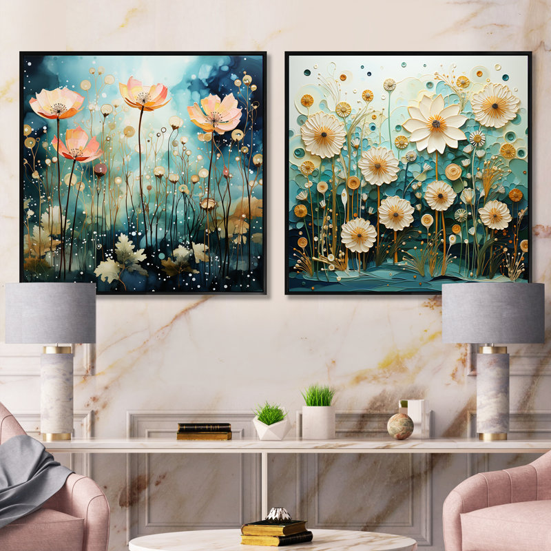 Sunrise Blue Bonnets Field - Ensemble de 2 collages floraux carrés, Cadre flottant noir, H 16 po x l 33 po