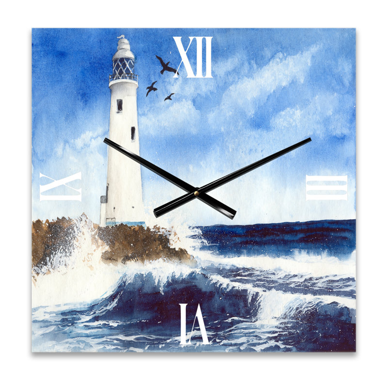 Phare sur une île rocheuse avec des mouettes - horloge murale nautique et côtière, Moyen