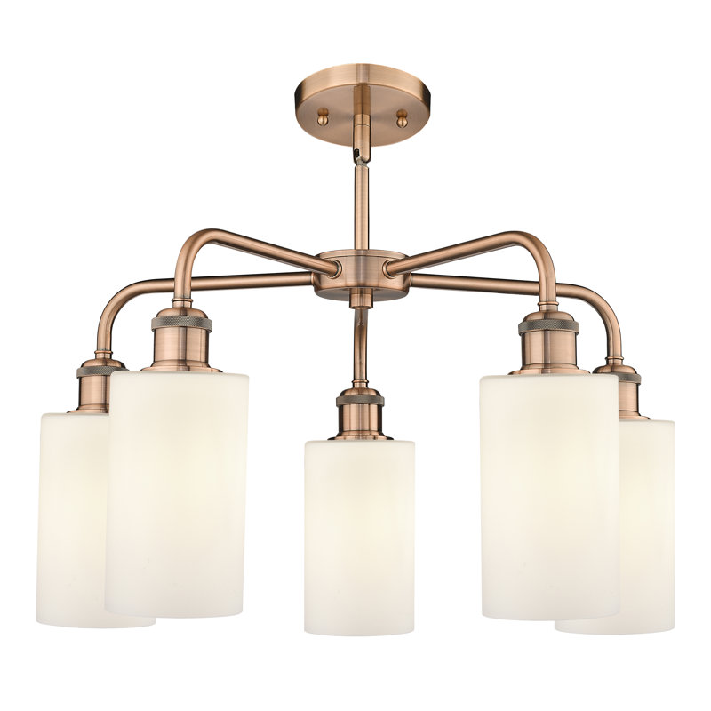Lustre cylindrique à 5 lumières en acier à intensité variable Ervine, Blanc mat, Cuivre antique