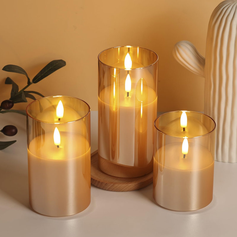 Unscented Flameless Pillar Candle with Glass Holder, Gold