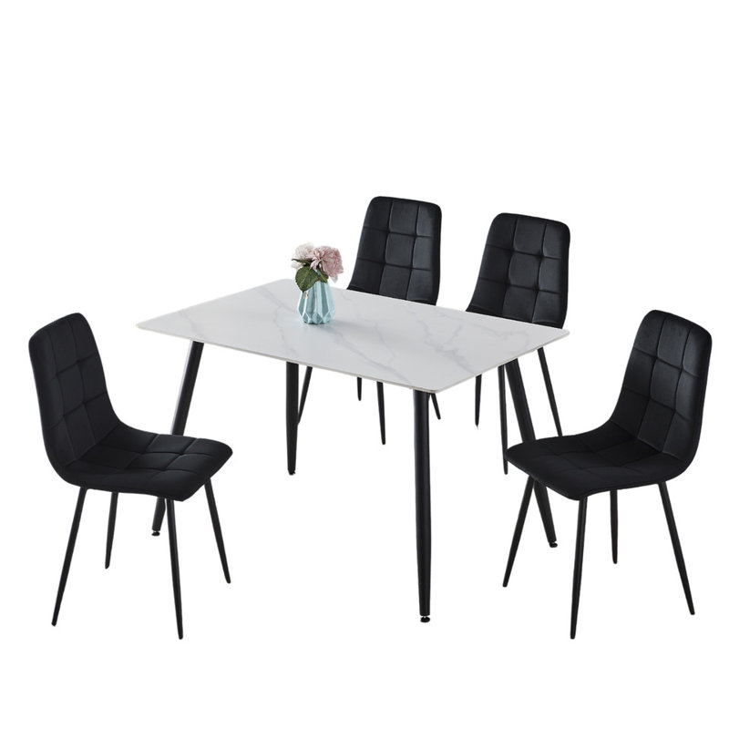 Fulshear 4 -Person Ceramic Dining Set, 21"H x 92"L x 15"W, White, Black