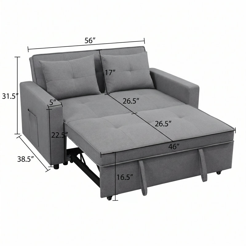 Canapé-lit gris convertible avec causeuse, canapé-lit escamotable 3 en 1 avec dossier réglable, tissu respirant, ensemble 2 pièces pour petits espaces