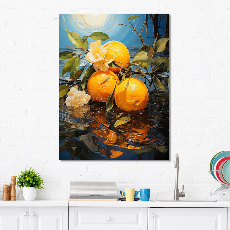 Citron, Sienne sereine, coucher de soleil, lac - fruits, art mural, H 20 po x l 12 po x P 1 po