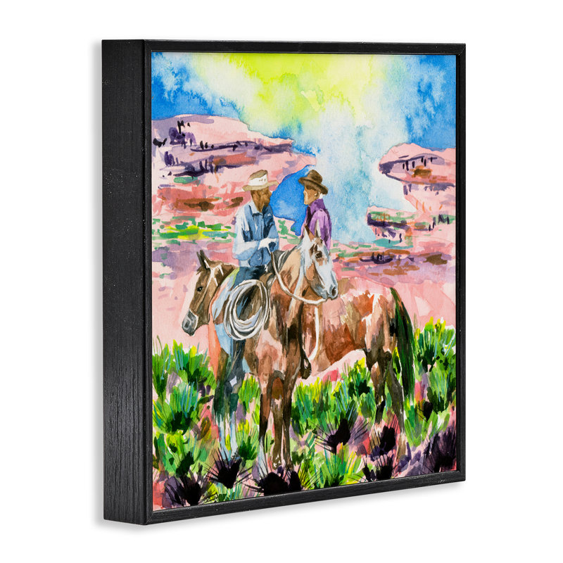 Cowboy Duo in Canyon, art de la giclée encadrée par Melissa Wang, Giclée encadrée noir minuit, H 17 po x l 17 po