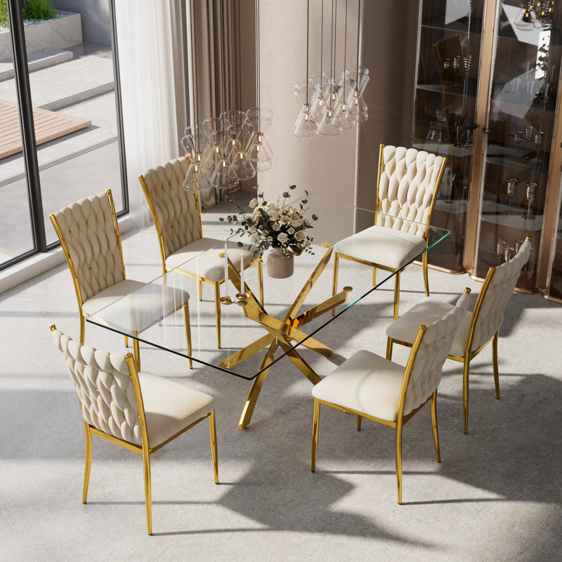 Ensemble de table de cuisine rectangulaire moderne en verre trempé 71 po Modern, Beige, 7