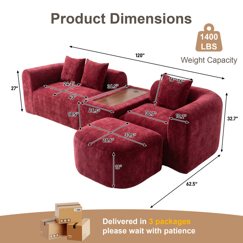 Canapé modulaire chenille modulaire avec siège de chargement USB personnalisable pour salon, Red Chenille