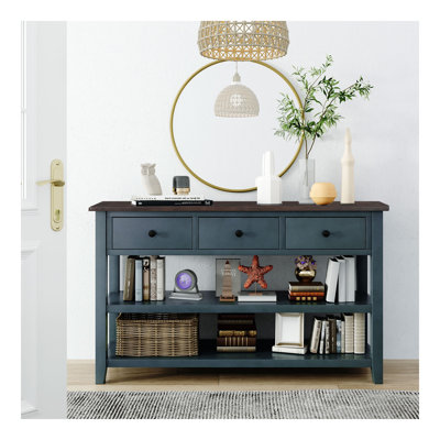Console rétro avec deux tablettes ouvertes, structure en bois de pin massif et pieds pour le salon (bleu marine)