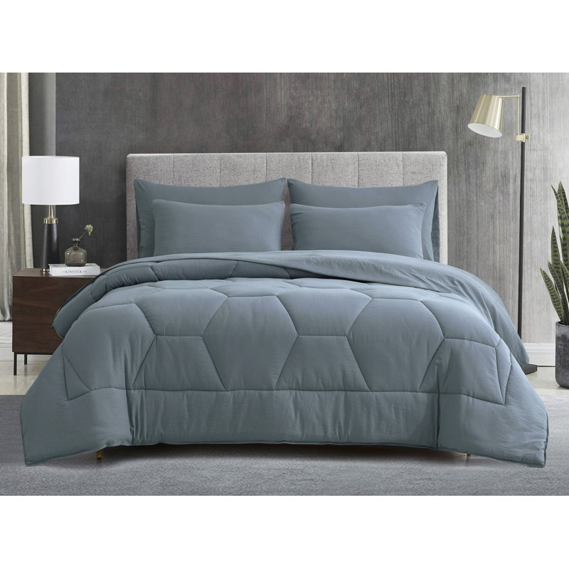 Washed Microfiber 7-Pieces Honeycomb Comforter Set with Sheets, Dusty Blue, Oversized Queen Comforter + 6 Additional Pieces