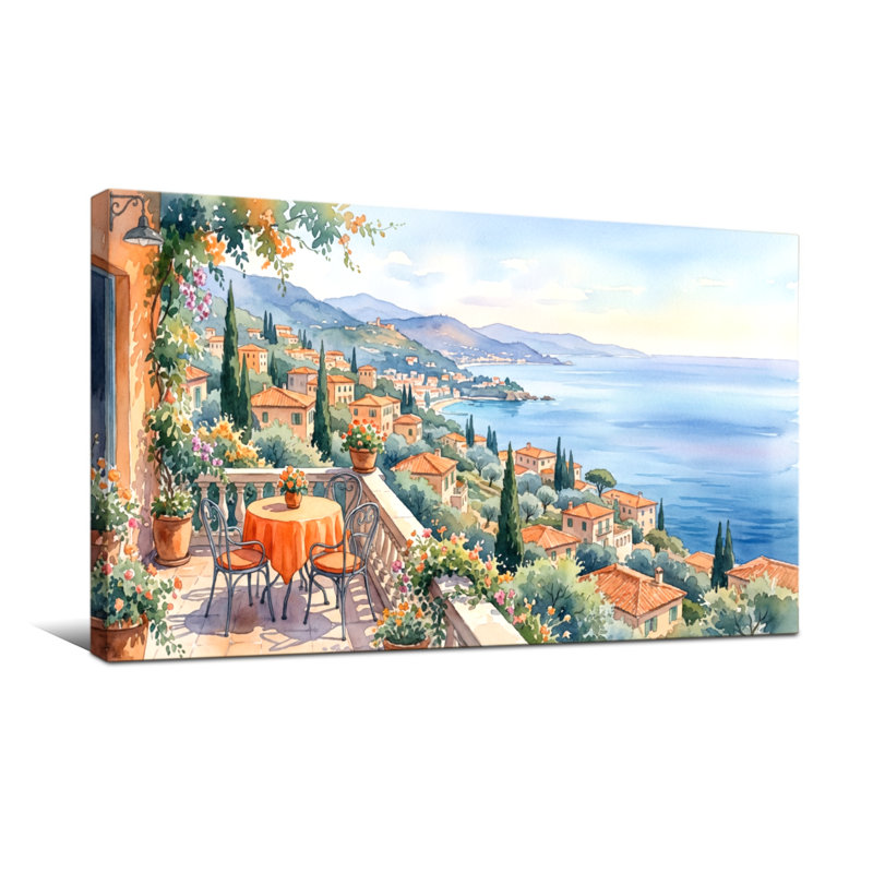 Paysage méditerranéen avec vue sur la mer, H 28 po x l 58 po