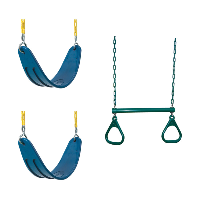 Ensemble de balançoires robustes 3 pièces - 2 balançoires à ceinture (capacité de poids de 250 lb), 1 combo trapèze / anneau, bleu