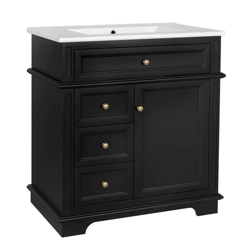 30" Bathroom Vanity with Sink, One Tip-out Drawer, Three Drawers, Black