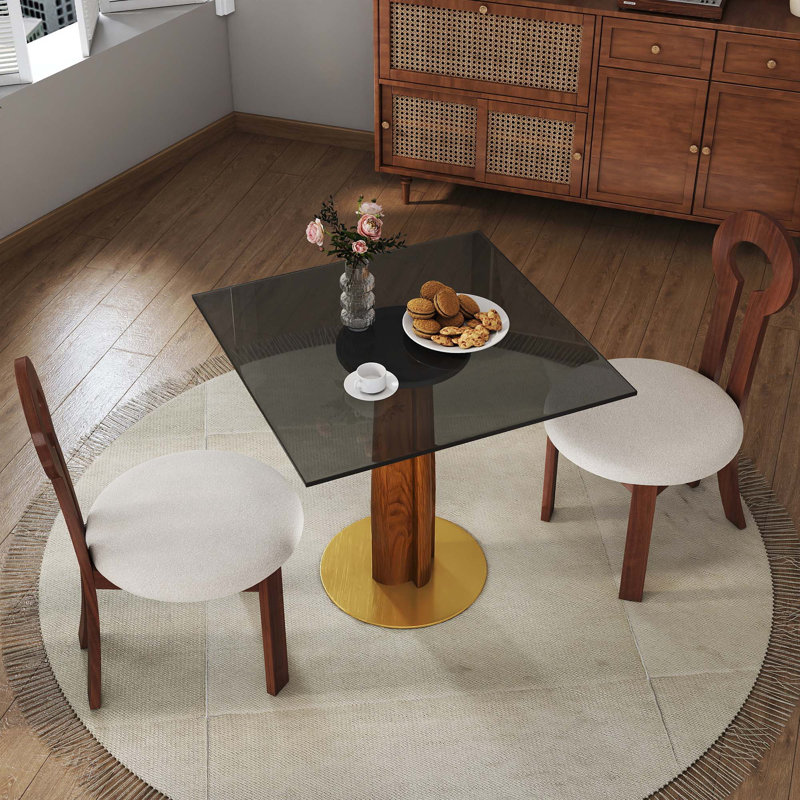 Table de salle à manger contemporaine 33,5 po pour 2 personnes avec pied en bois en forme de moulin et base dorée pour petits espaces