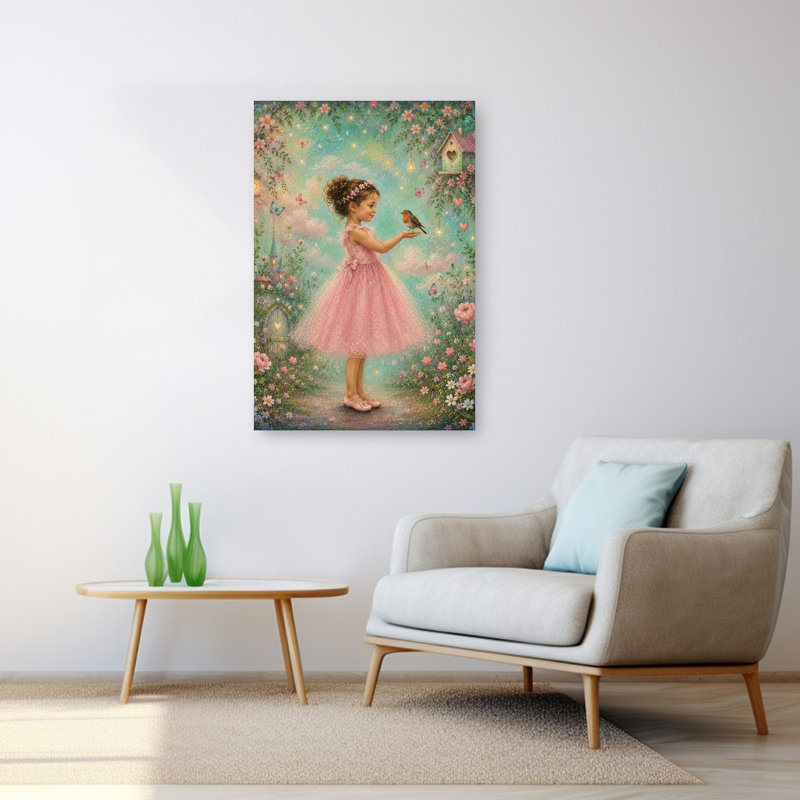 Magical Girl And Robin Dreamy Peaceful Whimsical Butterfly Bird Nature Flower Wall Art Print, H 60 po x l 40 po