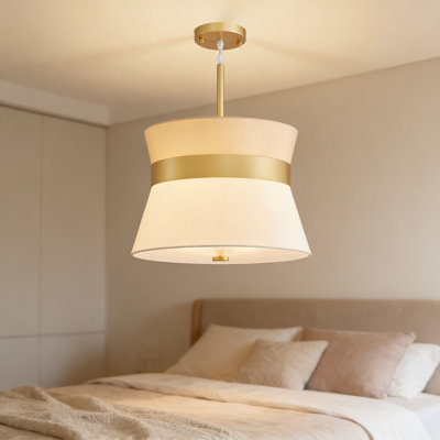 Mid-Century Modern Adjustable Pendant Light With Fabric Shade And Gold Band, 3-Light Chandelier For Dining Room And Living Room, Height Adjustable From 17.5 To 73.5 Inches