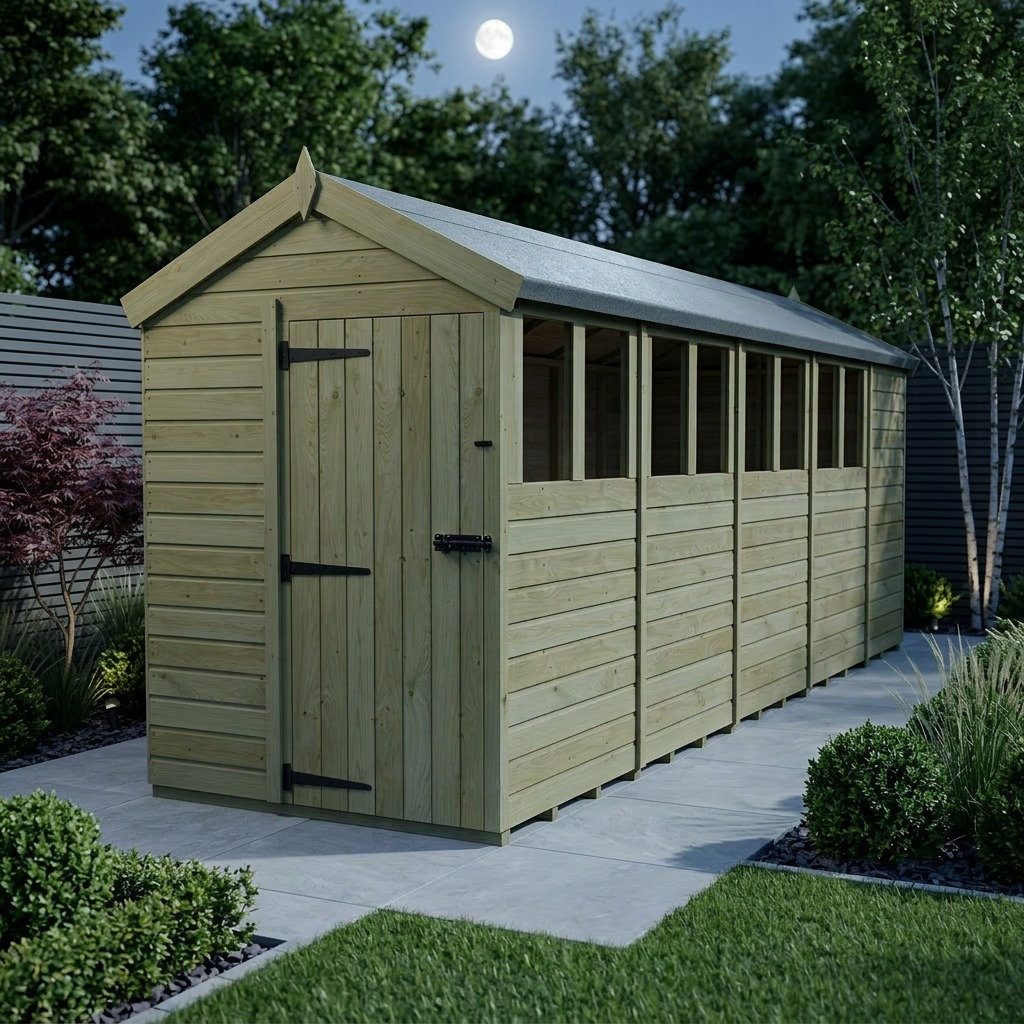 Total Sheds 5ft x 19ft Apex Garden Shed - Single Door - With Windows - Pressure Treated Timber - UK Manufactured