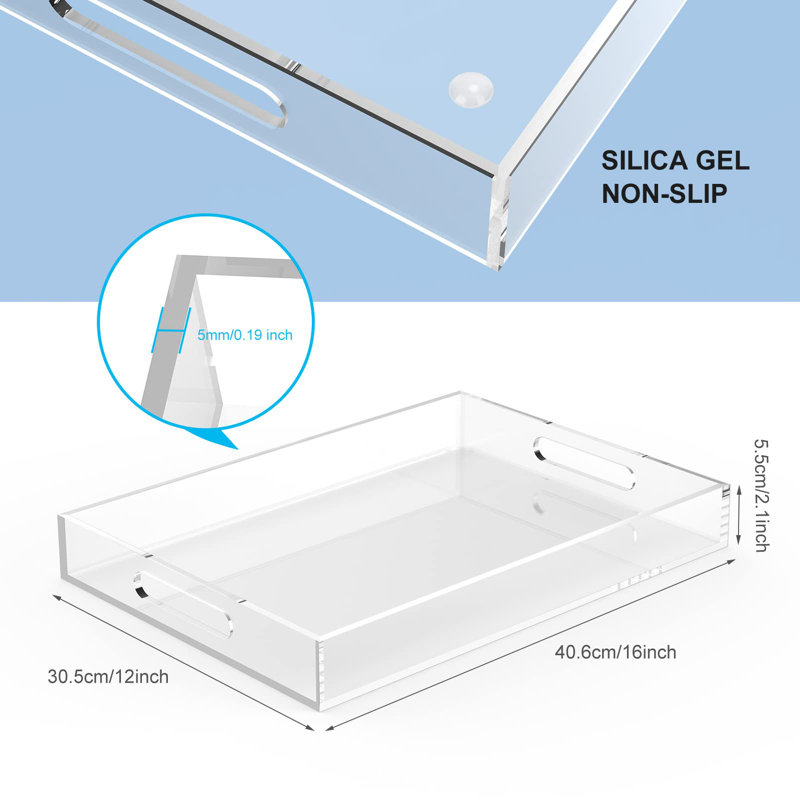 Acrylic Serving Trays With Handles, 16"X 12" Rectangle Sturdy Breakfast Tray, Decorative Trays Organiser,Clear