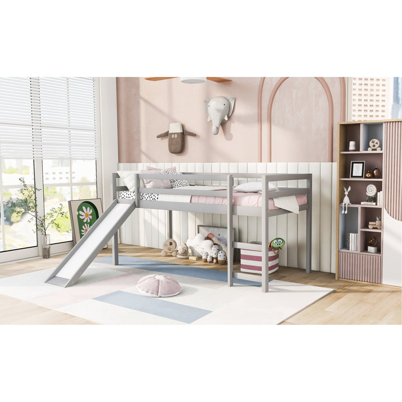 Lit mezzanine avec glissade, conception multifonctionnelle, simple (gris)