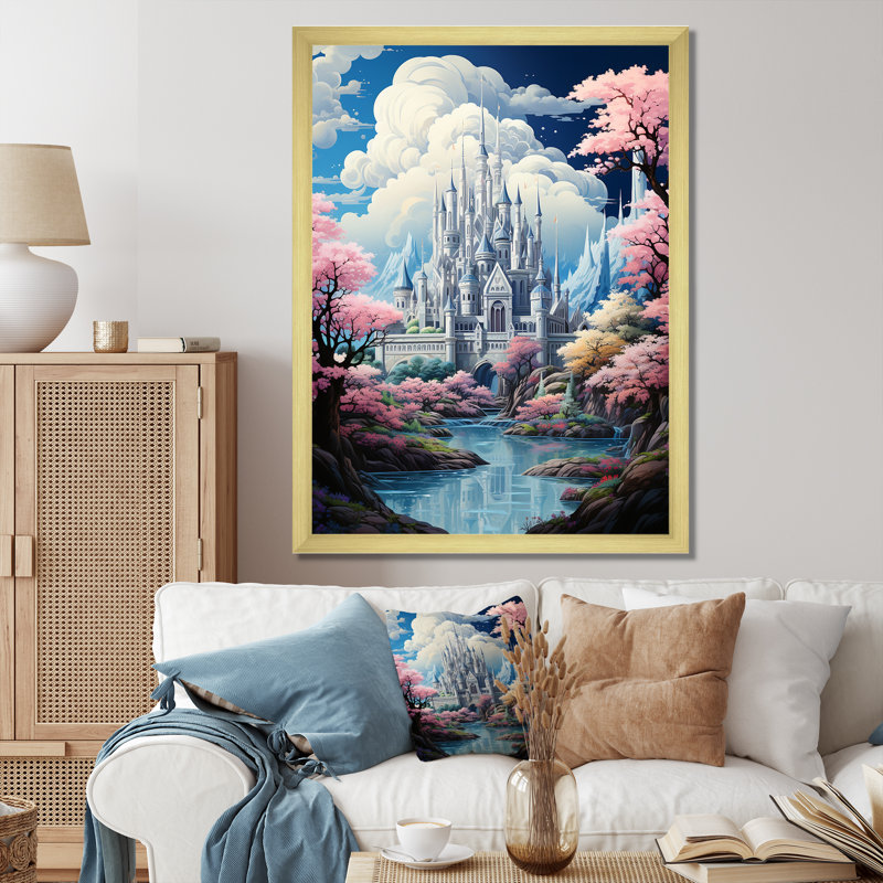 Fantasy Kawaii Castle Landscape I - Fantasy Canvas Wall Art, Cadre photo noir, H 32 po x l 16 po x P 1 po
