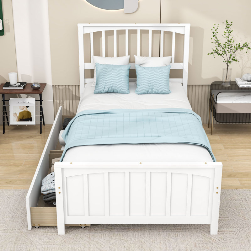 Lit plateforme simple en bois avec tiroirs de rangement intégrés, Blanc