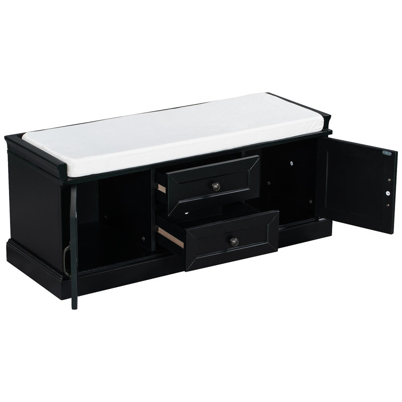 Storage Bench With 2 Drawers And 2 Cabinets, Shoe Bench With Removable Cushion For Living Room, Entryway (Black), Black