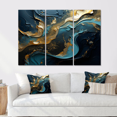 Ensemble de salon art mural liquide or turquoise et encre liquide