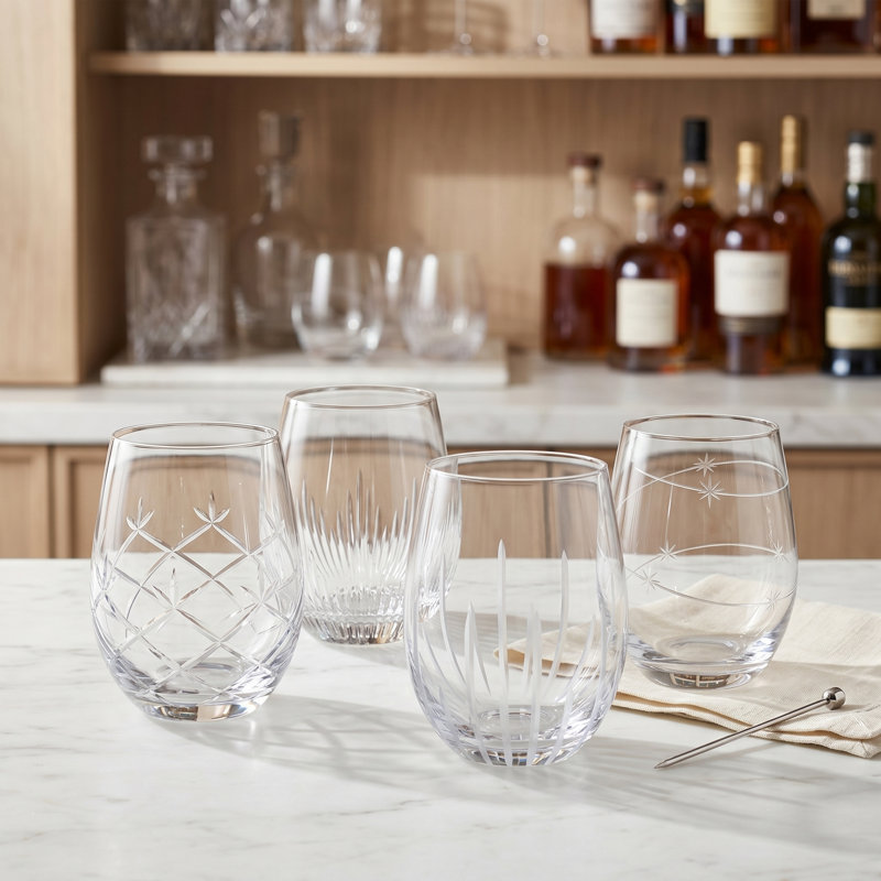 4-Piece Stemless Etched Drinking Red Wine Glasses