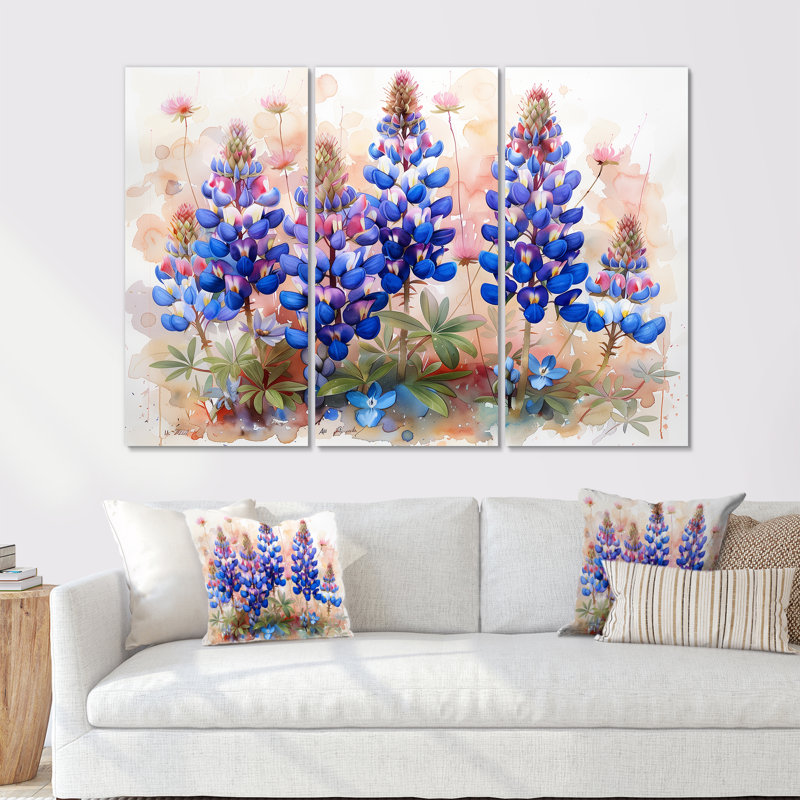 Bleu, rose, fleurs sauvages, Blue Bonnets Dreams II - Blue Bonnets, ensemble d'art mural, Sans cadre