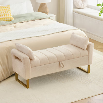 Lunara 51"W Upholstered Flip Top Teddy Storage Bench with Gold Legs,Curverd Armrest and 2 Pillows