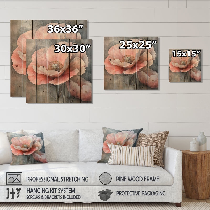 Pivoine rose délavée dansant sur pierre - impression de coquelicots - sur bois de pin naturel, H 25 po x l 25 po x P 0,78 po