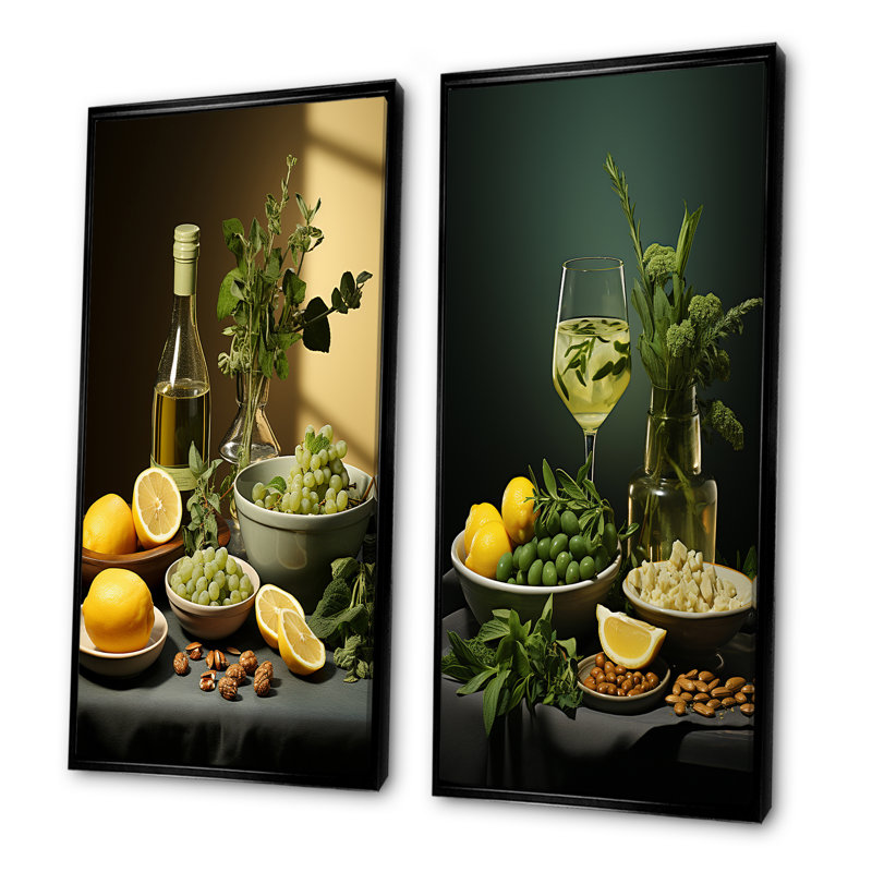 Citurs et vin blanc harmonie épicurienne - fruits, ensemble de 2 impressions sur toile, Cadre noir, H 40 po x l 41 po