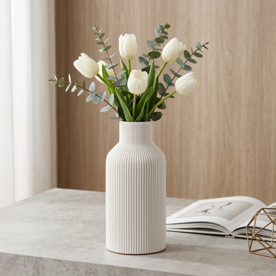 Minimalist 8 Inch White Ceramic Flower Vase, Small Pampas Grass Vessel for Kitchen Bedroom Office Living Room Bathroom Shelf Centerpiece Table Decor