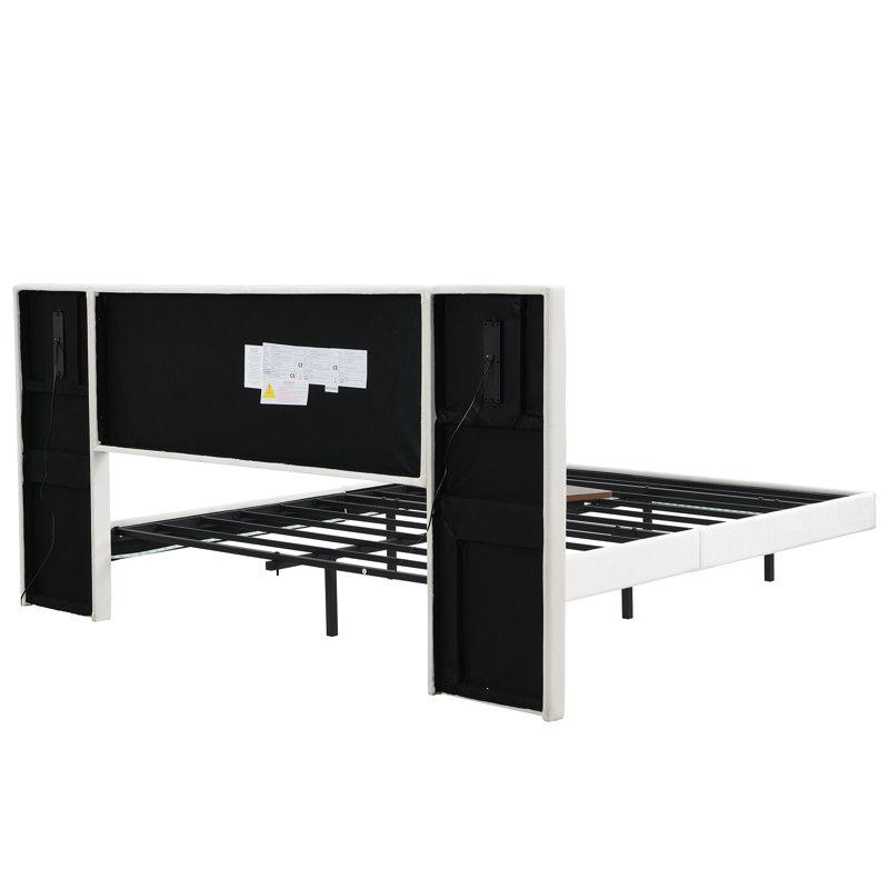 4ft6 Upholstered Bed With 2 Bedside Lamps,charging Socket, Kingsize (5'), White