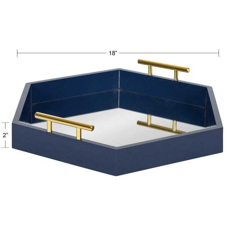Norvan Hexagon Decorative Tray with Metal Handles, Navy Blue/Gold