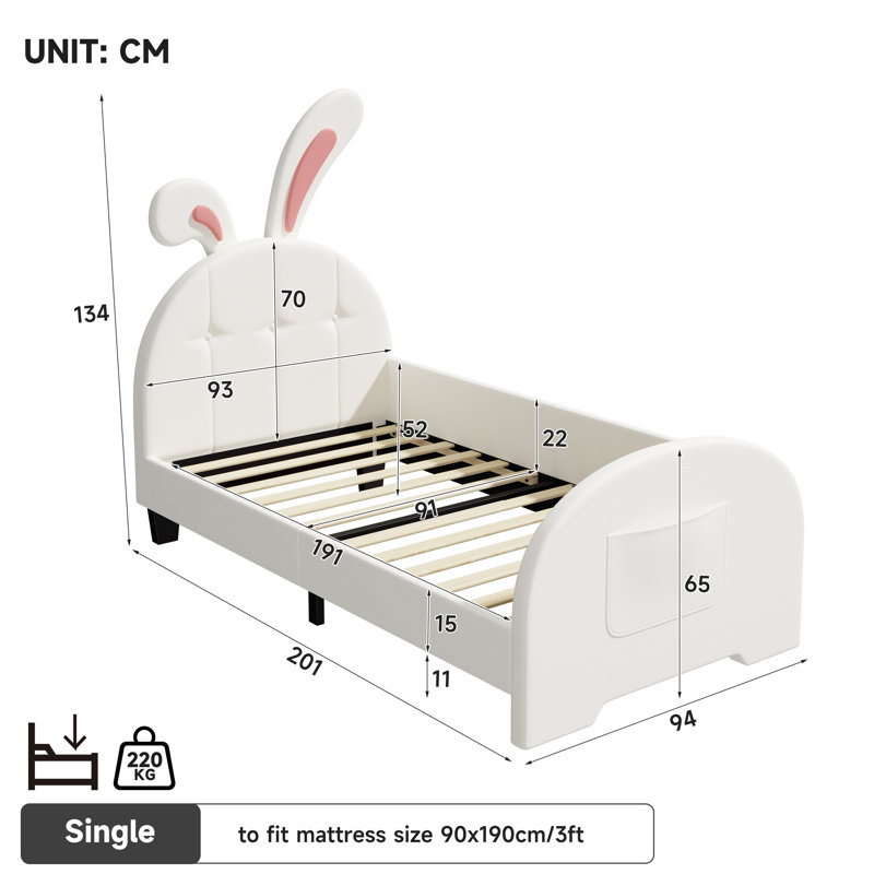 Upholstered Bed With Rabbit Shaped Headboard, Beige
