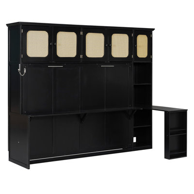 Full Murphy Bed with Desk and Rattan Cabinets, Space-Saving Wall Bed for Home Office, Black