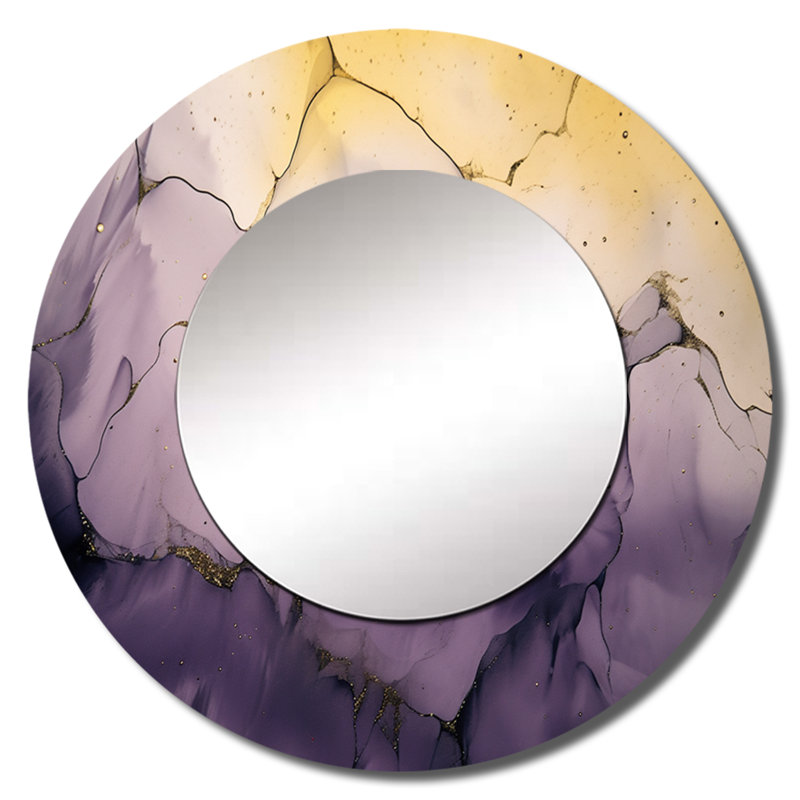Sandis Purple and Gold Marble Ink Clouds IV - Fractals Unique Wall Mirror, Purple Round Mirror, Printed Metal Art, 29" x 29"